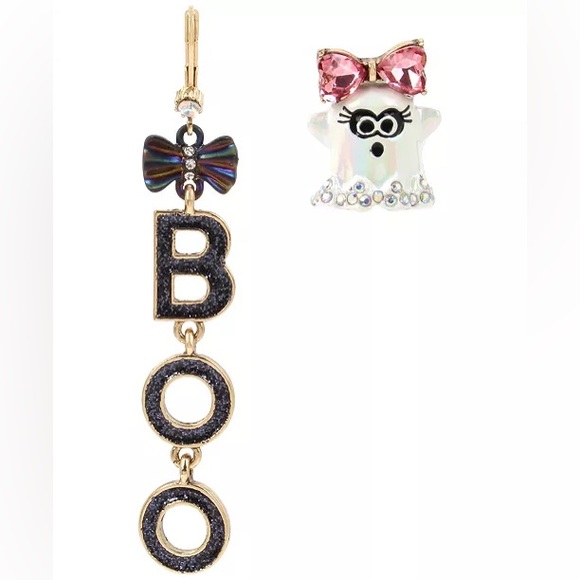 BETSEY JOHNSON Halloween Crystal & Glitter Boo-Ghost Mismatch Drop Earrings NIB - Picture 2 of 6